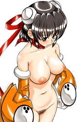 1girls black_hair breasts brown_eyes choker elbow_gloves eliza_mayfield gloves growlanser hairpods large_breasts looking_at_viewer nipples orange_eyes pubic_hair ribbon sato_iori scarf short_hair solo white_background white_skin