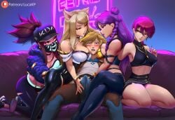 1boy 4girls ahri ahri_(league_of_legends) ai_generated akali ass assertive_female big_ass blonde_hair blonde_hair_female blonde_hair_male blush braid braided_hair breasts brown_hair cap child_bearing_hips clothed club curvaceous curvaceous_ass curvaceous_body curvaceous_female curvaceous_figure curvaceous_hips curvaceous_thighs curvy curvy_ass curvy_body curvy_female curvy_figure curvy_hips curvy_thighs dat_ass dominant_female erection evelynn ezreal female female_focus femdom fox fox_ears fox_girl grabbing_erection hat head_between_breasts k/da_ahri k/da_akali k/da_evelynn k/da_kai'sa k/da_series kai'sa kda large_ass league_of_legends lucakp makeup male mask neon_lights patreon patreon_link patreon_logo patreon_url patreon_username pink_hair purple_hair riot_games sitting sitting_on_lap sitting_on_person skin_tight sofa submissive_male tagme thick thick_ass thick_butt thick_hips thick_legs tight_clothing touching_penis voluptuous voluptuous_female waifu