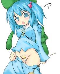 backpack bag bandaid bandaid_on_pussy blue_eyes blue_hair bottomless cattail_(plant) cucumber hat key maebari nitori_kawashiro no_panties open_mouth pants_down plant plaster randoseru scplanes shocked short_hair simple_background skirt skirt_pull solo standing touhou white_background