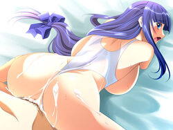 ass backboob blue_eyes blue_hair bow breasts breasts_out censored clothed_sex clothing cum cum_on_ass cum_on_back cum_on_body cum_on_lower_body cum_on_upper_body doggy_style female from_behind fuutou_shizune hair_ribbon hair_ribbons highleg huge_breasts ino large_breasts leotard long_hair looking_back male oshioki_sweetie panties ribbon ribbons sex sideboob straight thong_leotard uncensored underwear