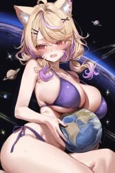 ahoge animal_ear_fluff animal_ears bare_shoulders beachball bikini blonde_hair blush breasts cat_ears cleavage collarbone eyebrows_visible_through_hair female hair_ornament long_hair looking_at_viewer multicolored_hair oerba_yun_fang open_mouth purple_bikini side-tie_bikini solo sparkle squchan_(vtuber) streaked_hair vyugen x_hair_ornament