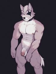 3:4 abs anthro areola balls biped canid canine canis collar eye_patch eyewear fingers flaccid foreskin front_view fur genitals grey_background grey_body grey_fur hi_res humanoid_genitalia humanoid_hands humanoid_penis jrjresq looking_at_viewer male mammal muscular muscular_anthro muscular_legs muscular_male navel nintendo nipples nude_anthro nude_male pecs penis pinup portrait pose red_eyes simple_background solo spiked_collar spikes standing star_fox three-quarter_portrait wolf wolf_o'donnell