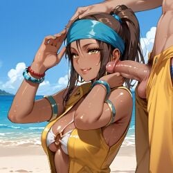 1girls ai_generated beach big_breasts bikini brown_eyes brown_hair clothed clothed_female dark-skinned_female dark_skin grabbing grabbing_head hairband king_of_fighters large_breasts long_hair outdoors pat patting patting_head public tan tan_skin thick zarina_(kof)