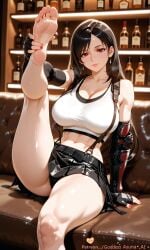 abs ai ai_art ai_generated alcohol bangs bar_\\\\\\\\\\\\\\\\(place\\\\\\\\\\\\\\\\) bare_legs bare_shoulders barefoot black_gloves black_hair black_panties black_skirt breasts cleavage collarbone crop_top earrings elbow_gloves elbow_pads fantasy feet female final fingerless_gloves foot_focus gloves goddessasunaai jewelry large_breasts leg_up legs long_hair looking_at_viewer low-tied_long_hair midriff nail_polish navel panties red_eyes remake sitting skirt smile soles solo suspender_skirt suspenders sweat swept_bangs tank_top taut_clothes thighs tifa_lockhart toenails toes toned underwear vii white_tank_top