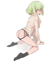 1boy androgynous aus_vaka blush bob_cut clothing embarrassed femboy lio_fotia petite petite_body petite_male short_hair socks solo twink