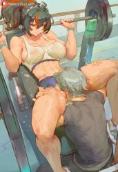 1boy 1girls ai_generated angry angry_expression angry_face annoyed annoyed_expression bench bench_press black_hair breasts clothed cunnilingus eating_pussy face_in_pussy female female gym gym_clothes gym_clothing gym_shirt gym_shorts gym_uniform highlights_(coloring) holding_weights laying_down laying_on_back lucakp male muscular muscular_female patreon patreon_link patreon_logo patreon_reward patreon_url patreon_username pissed_off public public_sex red_highlights tagme thick_thighs thighs toned toned_female two_tone_hair weightlifting weights white_hair wise_(zenless_zone_zero) zenless_zone_zero zhu_yuan