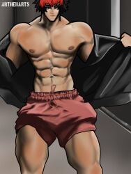 1boy 1male artherarts big_penis black_clothing black_hair black_hair_male black_jacket erection erection_under_clothes erection_under_clothing erection_under_shorts hoyoverse jacket jacket_open jacket_pull kemonomimi komano_manato looking_at_viewer male male_only muscles muscular muscular_male okamimimi open_clothing open_jacket penis red_eyes red_eyes_male red_hair red_hair_male red_shorts shorts showing_abs showing_muscles showing_off solo solo_male thiren watermark zenless_zone_zero