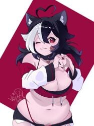 ;) ahoge animal_ears black_hair breasts cleavage female heart large_breasts long_hair looking_at_viewer midriff momotexx_(vtuber) navel one_eye_closed panties red_eyes signature smile solo underwear vyugen