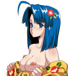 1girls ao_don bare_shoulders blue_eyes blue_hair breasts female hair_ornament hanabi_(series) hazuki hazuki_(ao_don) hazuki_(hanabi) hou_(hachiyou) japanese_clothes kimono nipples no_bra o3o original solo undressing yukata