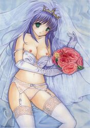 blue_hair breasts elbow_gloves feena_fam_earthlight female garter garter_straps glove green_eyes navel nipples panties sarah_sauge solo thighhighs wedding_veil yoake_mae_yori_ruri_iro_na