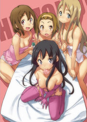 bare_shoulders barefoot blush_stickers bottomless breasts camisole cleavage condom condom_in_mouth elbow_gloves face female garter_belt gloves hair_ornament hairband hairclip happy highres human human_only k-on! lingerie looking_at_viewer looking_up lotion mio_akiyama_(k-on!) mouth_hold multiple_girls naked_towel nipples no_pants panties pink_legwear pink_panties ritsu_tainaka_(k-on!) sameda_koban strap_lift take_your_pick thighhighs towel tsumugi_kotobuki_(k-on!) underwear underwear_only white_panties yui_hirasawa_(k-on!)