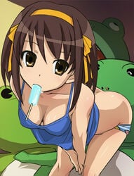 bent_over breasts brown_eyes brown_hair cleavage down_blouse haruyama panty_pull popsicle ribbon sexually_suggestive short_hair suzumiya_haruhi suzumiya_haruhi_no_yuuutsu