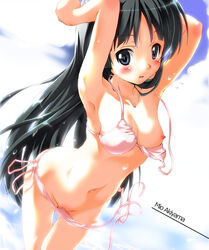 armpits arms_up bangs bikini black_eyes black_hair blunt_bangs breasts female female_only hime_cut human human_only k-on! long_hair mio_akiyama_(k-on!) navel nekogoro nipple_slip nipples side-tie_bikini solo swimsuit wardrobe_malfunction wet