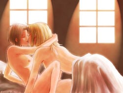 bed blonde_hair breasts brown_hair closed_eyes female happy_sex hug kissing maria-sama_ga_miteru multiple_girls mutual_yuri nude sei_satou short_hair youko_mizuno yuri