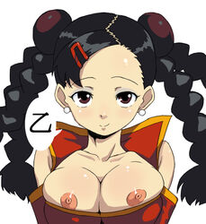 bb blush breasts cute double_bun harem_ace hou_(hachiyou) large_breasts nipples pie smile