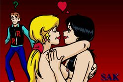 2girls archie_andrews archie_comics betty_and_veronica betty_cooper black_hair blonde_hair breasts female multiple_girls sak topless veronica_lodge yuri