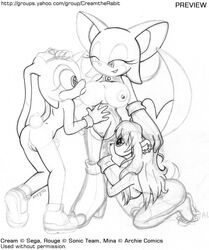 2002 3girls archie_comics bat breasts cream_the_rabbit female interspecies mina_mongoose mongoose multiple_girls nipples rabbit rouge_the_bat sega sonic_(series) suck symbol-shaped_pupils unfinished vkyrie yuri