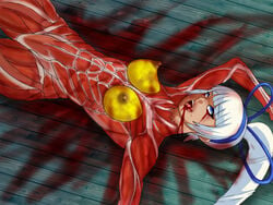 avulsion beige_skin bleeding blood blood_stain breasts color exposed_breasts female female_only gore guro hair human majikina_mina muscle nudity on_back samurai_shodown skin snk solo white_hair