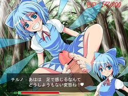 barefoot blue_eyes blue_hair blush censored cirno fake_screenshot feet footjob grin precum roki smile teeth toes touhou translation_request