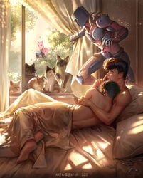 2boys 4boys after_sex bed being_watched birthmark brown_hair bushes camera cdash817 condom_wrapper crazy_diamond curtains_open diamond_is_unbreakable domestic_cat feline finger_on_nose half_naked hickey joestar_birthmark jojo's_bizarre_adventure josuke_higashikata killer_queen looking_to_the_side male_only morning_after naked no_visible_genitalia one_eye_closed painting_(artwork) rohan_kishibe romantic sleeping snuggling stand_(jjba) voyeur waking_up window yaoi