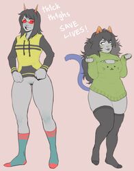 2girls bottomless breasts full_body homestuck latula_pyrope meulin_leijon multiple_girls puni_(artist) pussy socks sweater thick_thighs