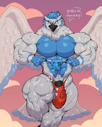 2019 5_fingers abs anthro avian beak big_biceps biped bird black_penis bulge clothed clothing dialogue digital_media_(artwork) english_text fingers flying front_view genitals hi_res male male_only muscular muscular_anthro muscular_male mythology owl partial_nudity pecs penis sky solo sova speedo spread_wings stretched_clothing swimwear sxfpantera text thick_thighs topless wings