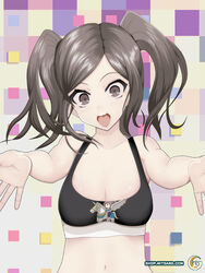 1girls abstract_background bare_midriff big_eyes brown_eyes brown_hair cleavage cynthia_(fire_emblem) fire_emblem fire_emblem_awakening hug incoming_hug looking_at_viewer matching_hair/eyes medium_breasts medium_hair mitgard-knight nintendo open_mouth pegasus reaching reaching_out reaching_towards_viewer solo solo_female tank_top twintails wide_eyed