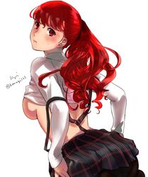 1girls blush clothing female_only kasumi_yoshizawa long_hair long_sleeves looking_at_viewer medium_breasts pantyhose persona persona_5 persona_5_royal ponytail red_eyes red_hair sideboob skirt solo sumire_yoshizawa suspenders suspenders_slip white_background