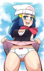 blackcat18up blue_eyes blue_hair bow_panties dawn_(pokemon) female looking_at_viewer panties pokemon skirt_lift solo upskirt white_panties