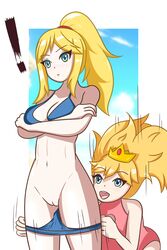 2girls assisted_exposure bangs bare_shoulders bikini bikini_pull blonde_hair blue_bikini blue_eyes blue_sky blush border bottomless breast_hold breasts cleavage cloud cloudy_sky crossed_arms crossover crown day eyebrows_visible_through_hair giburano high_ponytail jewelry large_breasts long_hair looking_ahead looking_at_another mario_(series) medium_breasts metroid mole mole_under_mouth multiple_girls navel nintendo one-piece_swimsuit open_mouth outdoors outside_border pantsing pink_swimsuit ponytail princess_peach pulled_by_another pussy samus_aran sidelocks sky source_request swimsuit undressing upper_teeth white_border