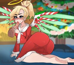 angel ass background barefoot blonde_hair blowjob blue_eyes blush christmas_outfit disembodied_penis fellatio female heart-shaped_pupils mercy overwatch rosellia00 white_body