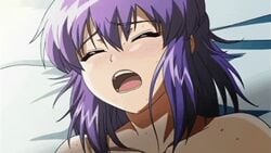 1boy animated bed bedroom big_breasts closed_eyes cum_inside eyes_closed female hatsu_inu leg_lock missionary missionary_position moaning moaning_in_pleasure purple_hair thick_thighs white_bed_sheet white_stockings