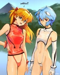 2girls asuka_langley_sohryu blue_eyes blue_hair breasts clothing female female_focus female_only human interface_headset light-skinned_female light_skin long_hair looking_at_viewer neon_genesis_evangelion optionaltypo orange_hair pale-skinned_female pale_skin panties red_eyes rei_ayanami school_uniform short_hair thong