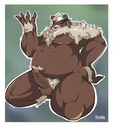 2020 absurd_res anthro balls belly brown_body brown_fur erection fur genitals hi_res humanoid_genitalia humanoid_hands humanoid_penis kimun_kamui_(tokyo_afterschool_summoners) male male_only mammal overweight overweight_anthro overweight_male penis roughien_(artist) solo tokyo_afterschool_summoners ursid video_games