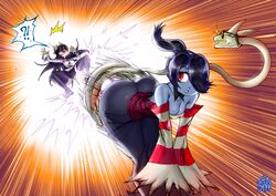 2girls ?! ass ass_focus bent_over blue_hair blue_skin butt_attack fight filia_(skullgirls) hair_over_one_eye hip_attack huge_ass large_breasts leviathan_(skullgirls) red_eyes samson_(skullgirls) skullgirls squigly thegoldensmurf zombie zombie_girl