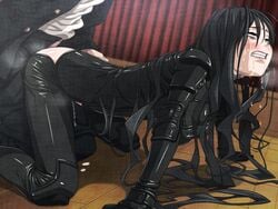 1boy 1girls bags_under_eyes black_eyes black_hair clenched_teeth clockup clothed_sex crying crying_with_eyes_open cum_on_floor doggy_style drooling drugged drugged_sex euphoria euphoria_(clockup) femsub full_body_suit game_cg gimp_suit hair_down hamashima_shigeo indoors latex latex_bodysuit latex_suit long_hair male_penetrating_female mature mature_female mature_woman messy_hair natsuki_aoi official_art older_female rape saliva student_fucking_teacher takatou_keisuke teacher_and_student tears teen teenage teenage_boy teenager young younger_dom_older_sub younger_male younger_penetrating_older