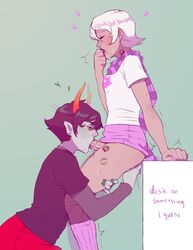 1futa 1girls anal_fingering bite_mark black_hair blonde_hair cum_in_mouth dickgirl erection_under_clothes fellatio female futanari green_nails homestuck horns kanaya_maryam kiss_mark oral penis pink_nails puni_(artist) roxy_lalonde skirt troll yellow_eyes