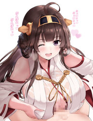 1boy ahoge bare_shoulders blush breast_squeeze breasts brown_hair censored detached_sleeves double_bun eyebrows_visible_through_hair female hair_ornament hairband headgear heart huge_breasts japanese_clothes kantai_collection kongou_(kantai_collection) kumahuri long_hair long_sleeves looking_at_viewer mosaic_censoring one_eye_closed open_mouth paizuri penis purple_eyes smile straight sweat sweatdrop translation_request wet wet_clothes