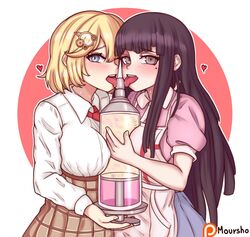 2girls black_hair blonde_hair blush crossover danganronpa danganronpa_2:_goodbye_despair female_only hololive hololive_english hololive_myth large_breasts licking long_hair mole mole_under_eye moursho paizuri straight_hair titfuck titjob tongue_out tsumiki_mikan virtual_youtuber watson_amelia yuri