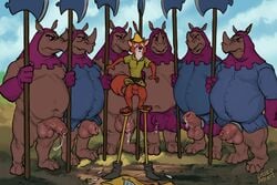 animal_genitalia anthro axe balls bottomless canid canine clothed clothing disney foreskin fox gay genitals group hi_res laser_(artist) long_foreskin male male/male male_only mammal melee_weapon penis rhino_guard rhinocerotoid robin_hood_(character) robin_hood_(disney) sheath stilts thick_foreskin topless weapon yaoi