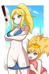 2girls assisted_exposure bangs bare_shoulders bikini bikini_pull blonde_hair blue_bikini blue_eyes blue_sky blush border bottomless breast_hold breasts cleavage cloud cloudy_sky crossed_arms crossover crown day eyebrows_visible_through_hair giburano high_ponytail jewelry large_breasts long_hair looking_ahead looking_at_another mario_(series) medium_breasts metroid mole mole_under_mouth multiple_girls navel nintendo one-piece_swimsuit open_mouth outdoors outside_border pantsing pink_swimsuit ponytail princess_peach pulled_by_another pussy samus_aran sidelocks sky source_request swimsuit undressing upper_teeth white_border