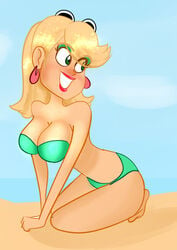 1girls aliciadrawsbecause beach big_breasts bikini breasts cleavage earrings female female_only green_eyes happy large_breasts leni_loud lipstick sand smile solo solo_female solo_focus straight_hair swimsuit swimwear teeth the_loud_house water