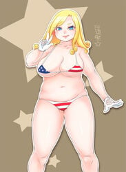 1girls american_flag american_flag_bikini bikini blonde_hair breasts chubby chubby_female curvy female_only funny_valentine gloves jojo's_bizarre_adventure large_breasts peace_sign rule_63 small_bikini solo_female steel_ball_run