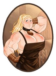 apron artist_request bare_shoulders biceps blacksmith blonde_hair breasts busty cleavage cowbell female freckles gloves hand_on_head huge_breasts looking_at_viewer metal_gloves muscles muscular_female pointy_ears ponytail solo