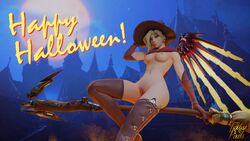 1girls 3d ass bottomless breasts broomstick exposed_breasts exposed_nipples exposed_pussy female footwear gloves halloween handwear headgear human looking_at_viewer mercy naked nude outerwear overwatch pussy solo text thighhighs ticklish_pixels topless witch_hat witch_mercy