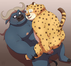 2020 anthro ass benjamin_clawhauser blush bovid bovine cape_buffalo cheetah chief_bogo disney duo erection felid feline gay genitals kemono male male/male male_only mammal muscular muscular_male nipples overweight overweight_male penis penta002 sitting yaoi zootopia