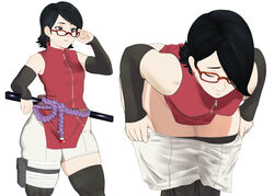 1girls adjusting_glasses arm_warmers bangs belt bent_over black_eyes black_hair boruto:_naruto_next_generations clothing female female_only glasses long_hair lycrosae naruto naruto_(series) pants_down pants_pull removing_pants rope sarada_uchiha short_hair sleeveless sleeveless_shirt standing sword thick_thighs thighhighs undressing weapon wide_hips