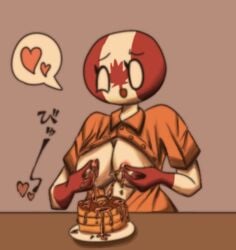 canada canada_(countryhumans) canadian_flag cocomooooochi countryhumans countryhumans_girl heart lactating lactation maple_syrup non-milk_lactation pancakes table tagme