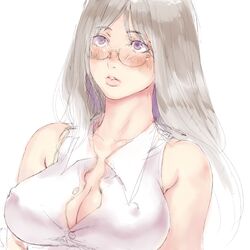 1girls blush blushing breasts cleavage clothed female female_only glasses mikanman nipple_bulge nipples no_bra solo solo_female topwear white_background