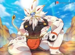 2020 abs absurd_res anthro anthrofied bara bna_v5 bulge clothing felid feline front_view hi_res legendary_pokémon looking_at_viewer male male_only male_pokemon mammal muscular muscular_anthro muscular_male nintendo nipples pics pokémon_(species) pokemon smile solgaleo solo underwear video_games